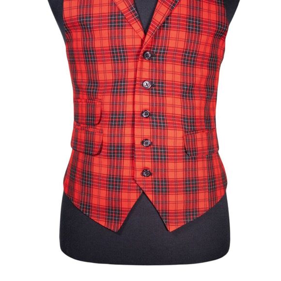 Mens Waistcoat Suit Vest 40R Red Black White Plaid 100% Wool Formal Wedding Prom - Picture 5 of 9